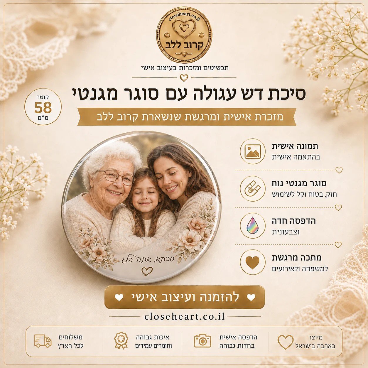סיכת דש עם תמונה וסוגר מגנטי